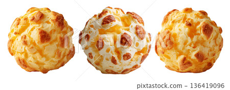 Small cheesy bread ball with golden crust and holes, isolated on white background, concept of Brazil Pao de Queijo food 136419096