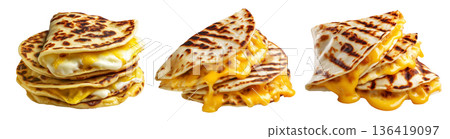 Grilled cheese quesadilla or Cachapas sweet corn pancakes with melted white cheese stacked, isolated on white background 136419097