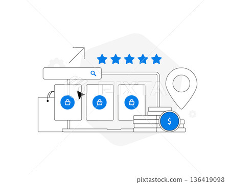 Marketplace SEO optimization strategy, e-commerce product ranking, search analytics dashboard, digital marketing growth metrics, modern isolated outline flat infographic vector illustration Marketplace SEO optimization strategy, e-commerce product ranking, search analytics dashboard, digital marketing growth metrics, modern isolated outline flat infographic vector illustration 136419098