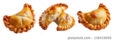Fried baked pastry empanadas filled with ground beef cheese ham and crimped edges, isolated on white background Fried baked pastry empanadas filled with ground beef cheese ham and crimped edges, isolated on white background 136419099