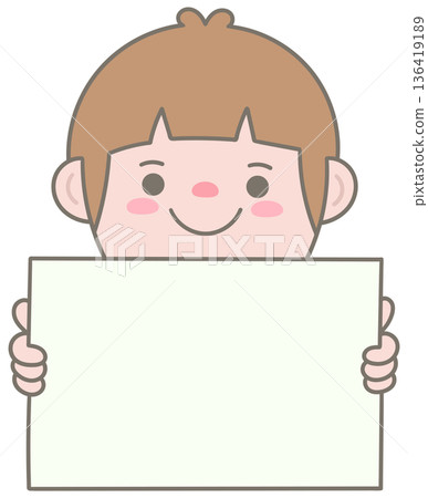 Cute Office Man Holding Blank Paper for Custom Message and Business Announcement 136419189