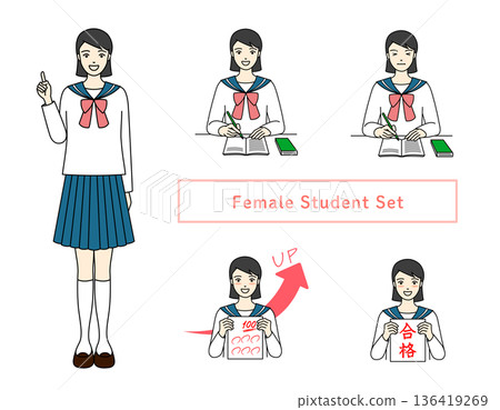 Sailor suit female high school student pose set Study and exam passing image 136419269