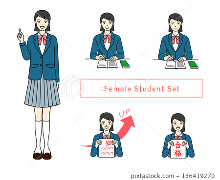 Blazer uniform female high school student pose set image of studying and passing exams 136419270