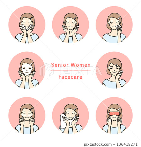 Senior women's skin care, beauty and anti-aging care illustration set 136419271