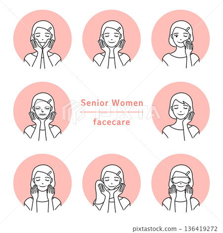 Illustration set of senior woman's face doing skin care 136419272