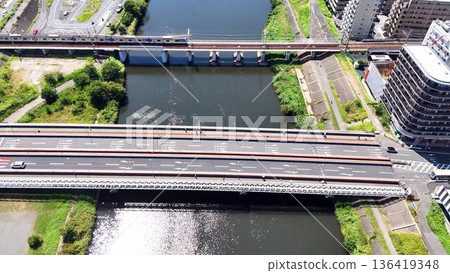 Aerial view of Yokohama│Clear skyline of the Tsurumi River and the Tokyu Toyoko Line│Tsunashima area, Kohoku Ward Aerial view of Yokohama│Clear skyline of the Tsurumi River and the Tokyu Toyoko Line│Tsunashima area, Kohoku Ward 136419348