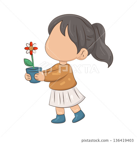 Illustration of girl carrying a flower pot  136419403