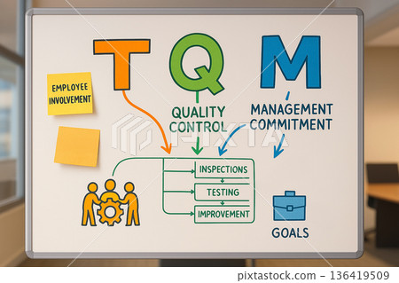 Diagram explaining the three pillars of Total Quality Management on a whiteboard, including employee involvement, quality control, inspections, and management commitment Diagram explaining the three pillars of Total Quality Management on a whiteboard, including employee involvement, quality control, inspections, and management commitment 136419509