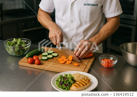 Nutritional preparation and visual inspection of fresh vegetables by a nutritionist in a professional kitchen for food engineering and quality control procedures Nutritional preparation and visual inspection of fresh vegetables by a nutritionist in a professional kitchen for food engineering and quality control procedures 136419512