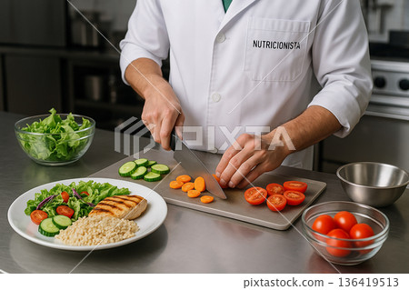 Professional food preparation by a nutritionist slicing fresh vegetables for a balanced meal in a modern kitchen under food engineering and quality control protocols Professional food preparation by a nutritionist slicing fresh vegetables for a balanced meal in a modern kitchen under food engineering and quality control protocols 136419513