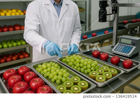 Food quality control of apples, grapes, and kiwis in a processing facility with stainless trays, visual inspection, and food engineering standards for industrial assessment Food quality control of apples, grapes, and kiwis in a processing facility with stainless trays, visual inspection, and food engineering standards for industrial assessment 136419514