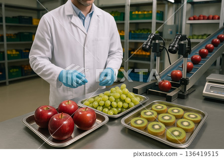 Fruit quality inspection of apples, grapes, and kiwis in a food processing plant with visual control systems, stainless trays, and food engineering protocols Fruit quality inspection of apples, grapes, and kiwis in a food processing plant with visual control systems, stainless trays, and food engineering protocols 136419515
