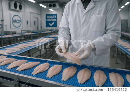 Quality control inspection of fresh fish fillets on conveyor belts in a cold food processing plant following HACCP standards and food engineering protocols Quality control inspection of fresh fish fillets on conveyor belts in a cold food processing plant following HACCP standards and food engineering protocols 136419522