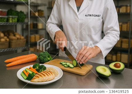 Professional nutritionist preparing balanced meal with chicken, rice, avocado, carrots, broccoli, and cucumber in a clean kitchen under food engineering and HACCP protocols 136419525