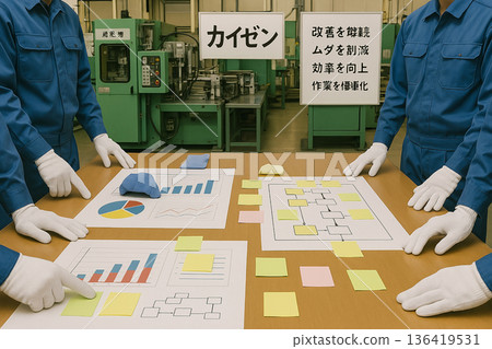 Kaizen team analyzing production flowcharts and performance graphs during a continuous improvement session in a Japanese industrial facility Kaizen team analyzing production flowcharts and performance graphs during a continuous improvement session in a Japanese industrial facility 136419531