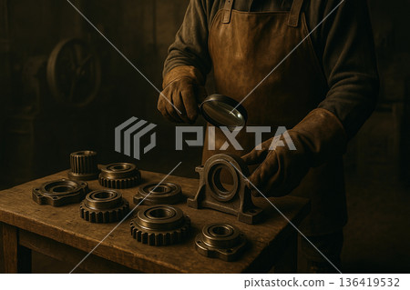 Manual inspection of mechanical components on wooden workbench using magnifying glass in vintage industrial setting with warm lighting and precision craftsmanship focus Manual inspection of mechanical components on wooden workbench using magnifying glass in vintage industrial setting with warm lighting and precision craftsmanship focus 136419532