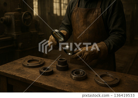 Industrial worker inspecting mechanical components with magnifying glasses on wooden workbench in vintage workshop with warm lighting and manual quality control focus 136419533
