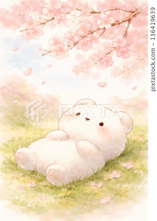 一隻溫馴的動物躺在草地上，仰望著盛開的櫻花。 136419639