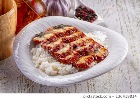 Japanese style cuisine - grilled eel with rice Japanese style cuisine - grilled eel with rice 136419834