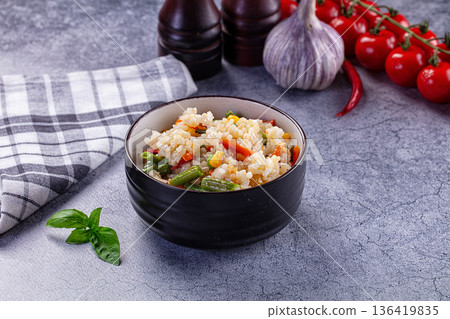 White steamed rice with vegetables White steamed rice with vegetables 136419835