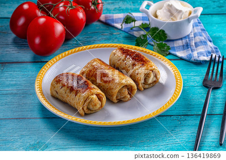Stuffed homemade pancakes with meat Stuffed homemade pancakes with meat 136419869
