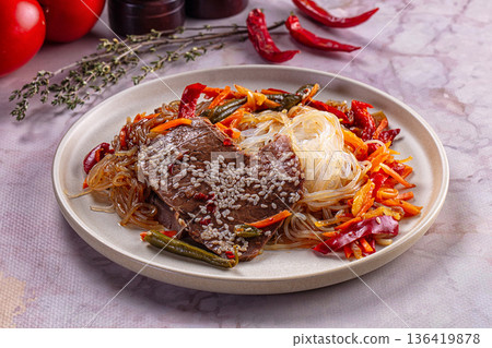 Asian funchosa noodles with beef Asian funchosa noodles with beef 136419878