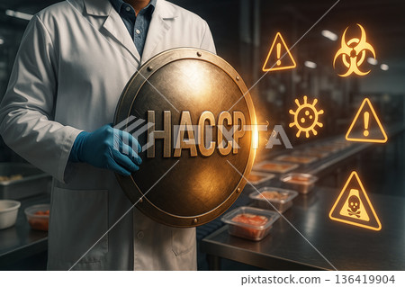 Food safety engineer with HACCP shield protecting food production line from biological chemical and physical hazards in a certified processing facility 136419904