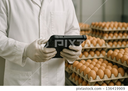 Food quality controller using digital tablet for egg inventory and HACCP tracking in food processing facility, wearing gloves and white coat in clean environment Food quality controller using digital tablet for egg inventory and HACCP tracking in food processing facility, wearing gloves and white coat in clean environment 136419909