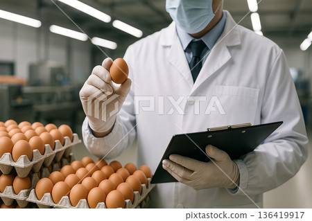 Food safety inspector with gloves and mask examining egg with clipboard in hand during HACCP quality control procedure in food processing facility Food safety inspector with gloves and mask examining egg with clipboard in hand during HACCP quality control procedure in food processing facility 136419917