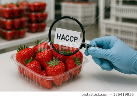 Engineer examining strawberries during food inspection with magnifying glass under HACCP Hazard Analysis and Critical Control Points certification process Engineer examining strawberries during food inspection with magnifying glass under HACCP Hazard Analysis and Critical Control Points certification process 136419936