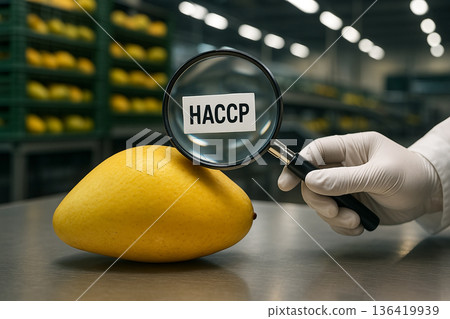 Mango inspection on industrial line using magnifying glass with HACCP label highlighting food safety and Hazard Analysis and Critical Control Points system 136419939