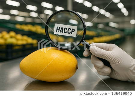 Food inspection of mango with magnifying glass and HACCP label for food safety and Hazard Analysis and Critical Control Points system in food production 136419940