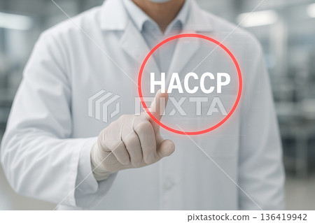 Food safety inspector touching HACCP digital interface with red circle icon in clean industrial environment focused on hazard analysis and quality control Food safety inspector touching HACCP digital interface with red circle icon in clean industrial environment focused on hazard analysis and quality control 136419942