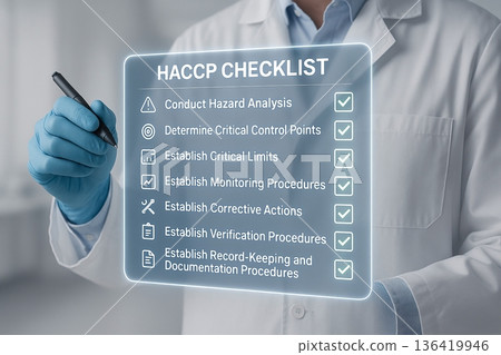 HACCP compliance checklist displayed digitally with food safety engineer using stylus to validate critical points in quality control of food processing plant HACCP compliance checklist displayed digitally with food safety engineer using stylus to validate critical points in quality control of food processing plant 136419946
