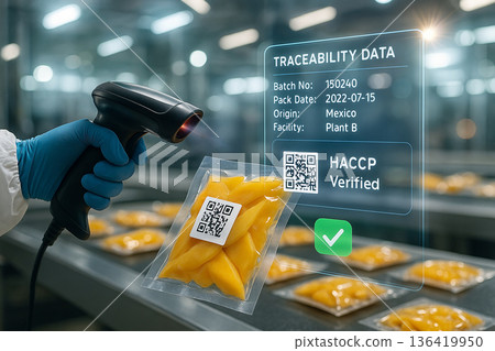 Food inspector scanning vacuum packed product with barcode reader showing HACCP verification and traceability data in food processing environment 136419950