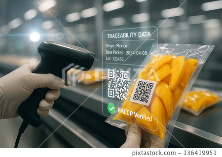 Inspector scanning packaged fruit product to verify HACCP compliance using barcode reader and digital traceability system in food safety facility Inspector scanning packaged fruit product to verify HACCP compliance using barcode reader and digital traceability system in food safety facility 136419951