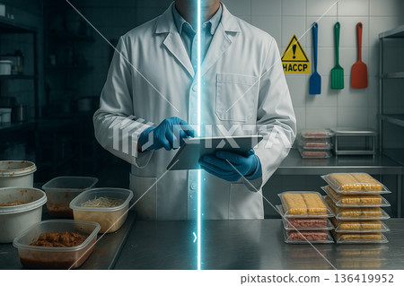 Food safety comparison in split scene showing noncompliant versus HACCP compliant production area with inspector using tablet for hygiene and quality control 136419952