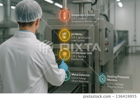 Engineer operating food safety machine with HACCP critical control points like temperature sensor ph meter UV sterilizer metal detector and sealing monitor system Engineer operating food safety machine with HACCP critical control points like temperature sensor ph meter UV sterilizer metal detector and sealing monitor system 136419955