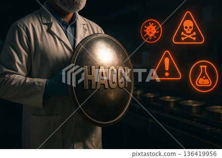 Food safety engineer holding HACCP shield protecting production line from biological chemical and physical hazards with dramatic light and hazard icons in background Food safety engineer holding HACCP shield protecting production line from biological chemical and physical hazards with dramatic light and hazard icons in background 136419956