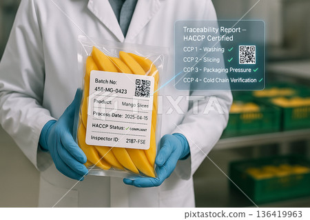 Engineer holding HACCP-compliant mango slices with printed traceability label and floating digital report overlay showing CCP status and QR code verification in food facility 136419963