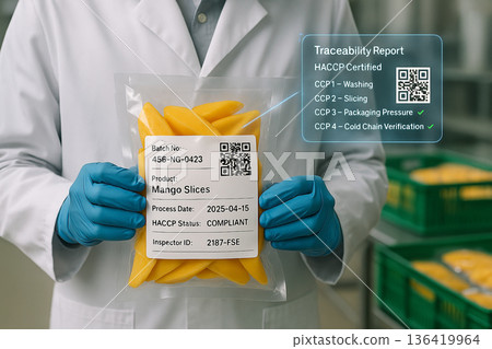 Engineer holding vacuum-sealed mango slices with printed HACCP-compliant traceability label and digital overlay showing verified CCP steps in food safety facility 136419964