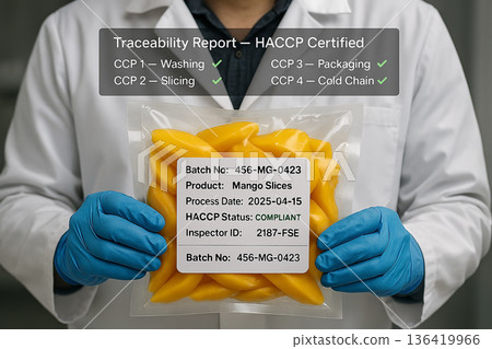 Engineer holding vacuum-packed mango slices with HACCP compliant label and certified traceability overlay indicating verified food safety control points 136419966