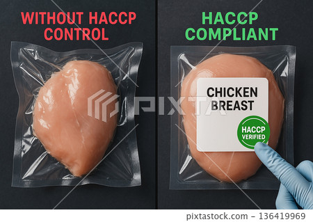 Comparison between vacuum-sealed chicken breast with and without HACCP control showing safety difference, proper labeling and seal verification in food packaging 136419969