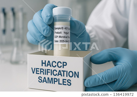Food safety engineer placing yogurt microbial test sample into HACCP Verification Samples box in sterile laboratory environment with clean equipment in background 136419972