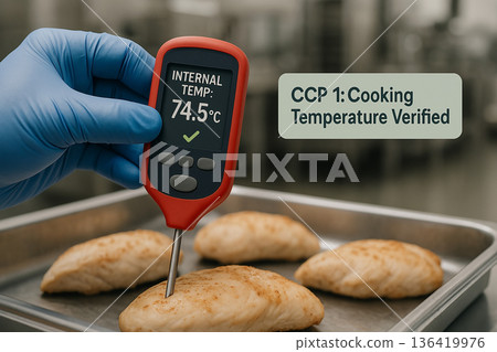 Gloved hand measuring internal temperature of cooked chicken breast using food thermometer for critical control point cooking verification in food inspection Gloved hand measuring internal temperature of cooked chicken breast using food thermometer for critical control point cooking verification in food inspection 136419976