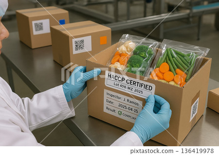 Food safety engineer placing HACCP certified label on packaging box of vacuum sealed vegetables during final verification process in professional food facility 136419978