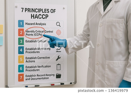 Food engineer pointing at HACCP principles poster in sterile facility showing critical control points with clear visual of food safety workflow and process steps 136419979