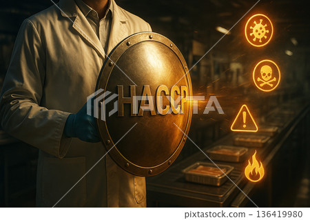 Food safety engineer with HACCP shield protecting food production line from biological chemical and physical hazards in a certified processing facility Food safety engineer with HACCP shield protecting food production line from biological chemical and physical hazards in a certified processing facility 136419980