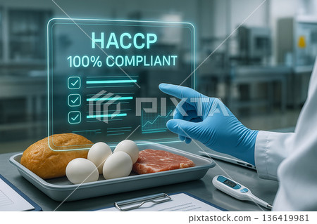 Food safety compliance interface showing HACCP 100 percent compliant status with digital checklist and gloved hand inspecting food tray in hygiene control lab Food safety compliance interface showing HACCP 100 percent compliant status with digital checklist and gloved hand inspecting food tray in hygiene control lab 136419981