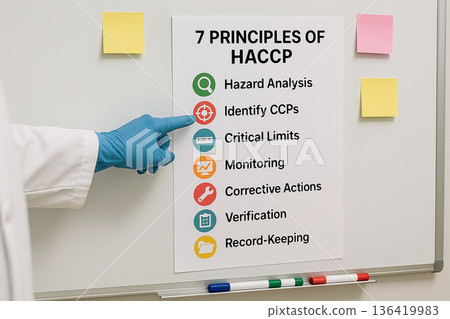 Food engineer pointing to HACCP principles infographic in food safety training session highlighting critical control points with icons and sterile background 136419983